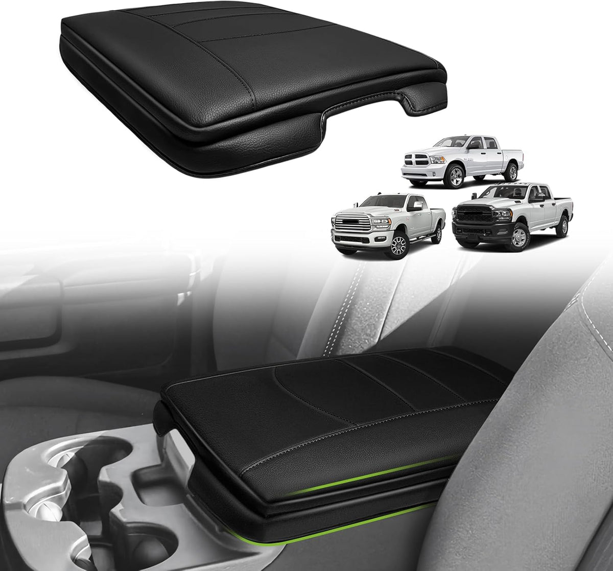 Muslogy Center Console Armrest Cover Compatible with Dodge Ram1500 2013-2018 & ram2500/3500 2013-2025 Comfort Armrest Pad Arm Rest Cushion Vegan Leather Protector 1-Inch Extra Thick(Jump Seat ONLY)