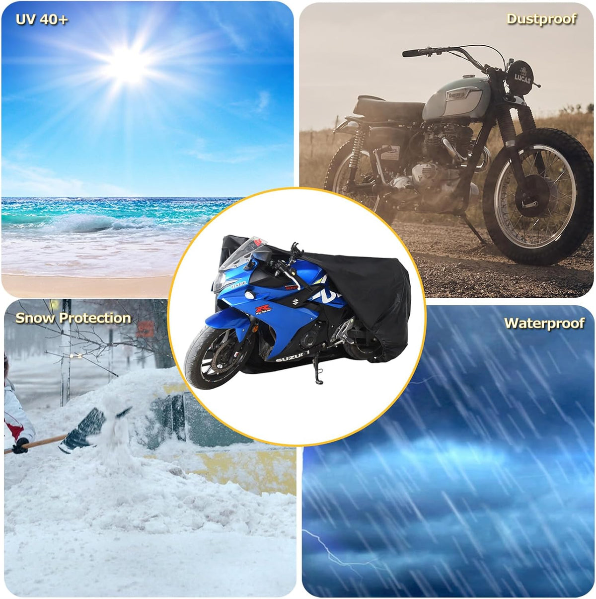 210D Motorcycle Cover All Season Waterproof Breathable Sun Outdoor Protection Three Reflective Tape with Lock-Holes & Storage Bag Bike Scooter Cover Universal (Black, 104''*41''*50'')