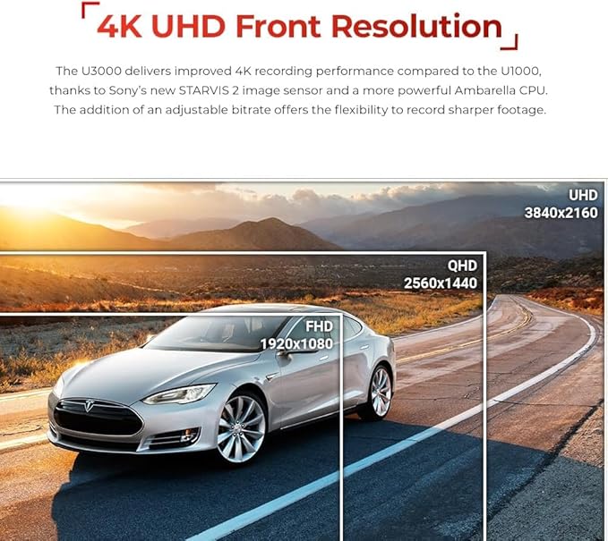 Thinkware U3000 4K Front Dash Cam with Sony STARVIS 2 Sensor, Built-in Radar Parking Mode, Super Night Vision 4.0, Dual-Band Wi-Fi, GPS, HDR, ADAS, Bluetooth, Supports Up to 512GB microSD
