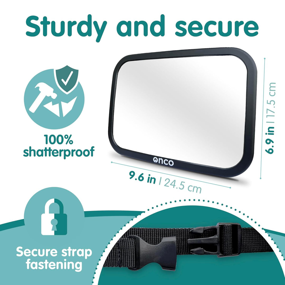 Onco Baby Car Mirror Rear Facing - Double Award-Winning Convex Car Mirror for Baby, 100% Shatterproof & Shakeproof with 360° Rotation, Newborn Essentials (9.6 x 6.9 in)