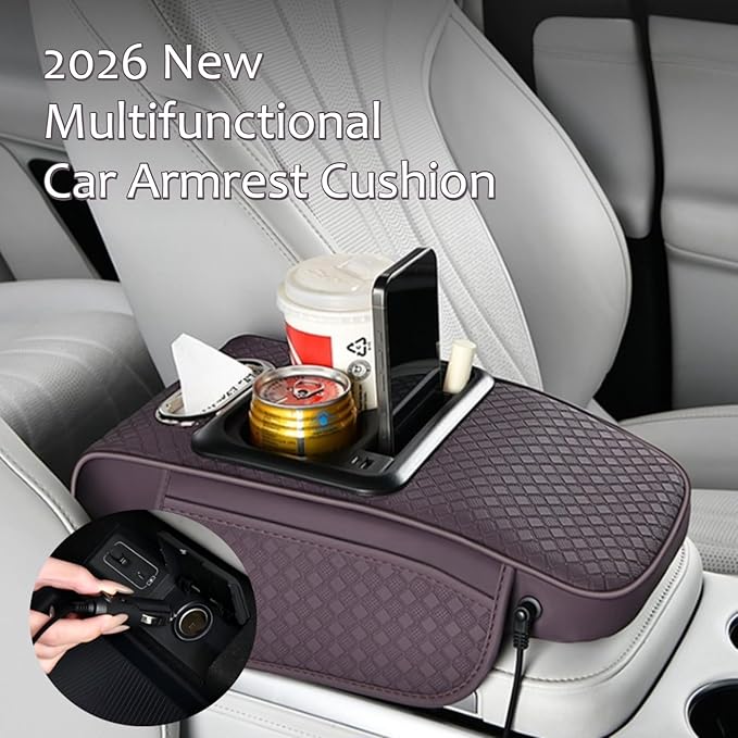 2026 Upgraded Car Center Console Cushion with 30w USB& Type-C Charging Ports, Leather Car Armrest Pad Cover, Interior Accessories for Most Vehicles (Classic Flat Version, Coffee)