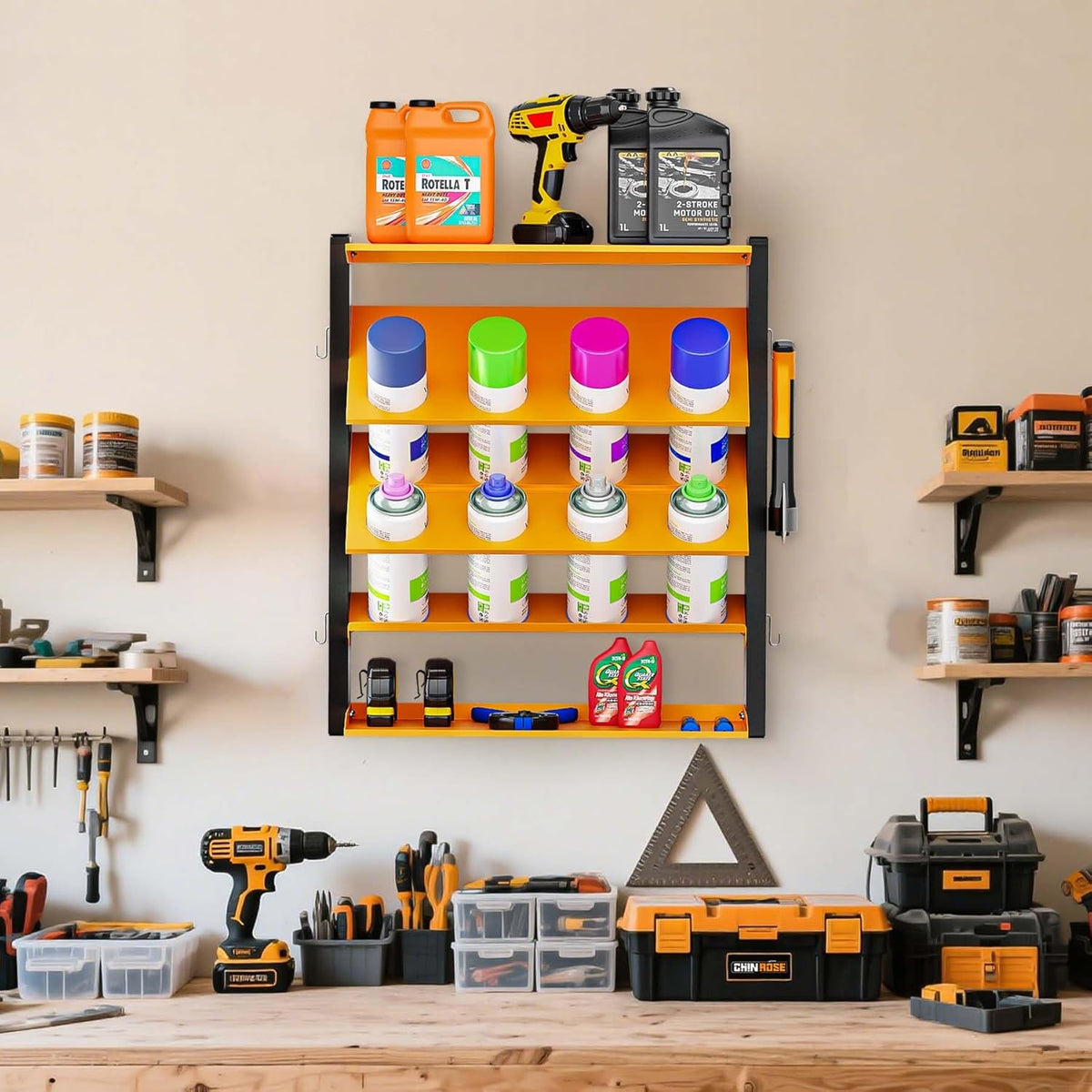 Spray Can Holder, Wall Mount Spray Paint Can Holder, Spray Can Rack with 8 Can Holes & 2 Shelf, Heavy Duty Paint Bottle Organizer for Garage, Home, Shop