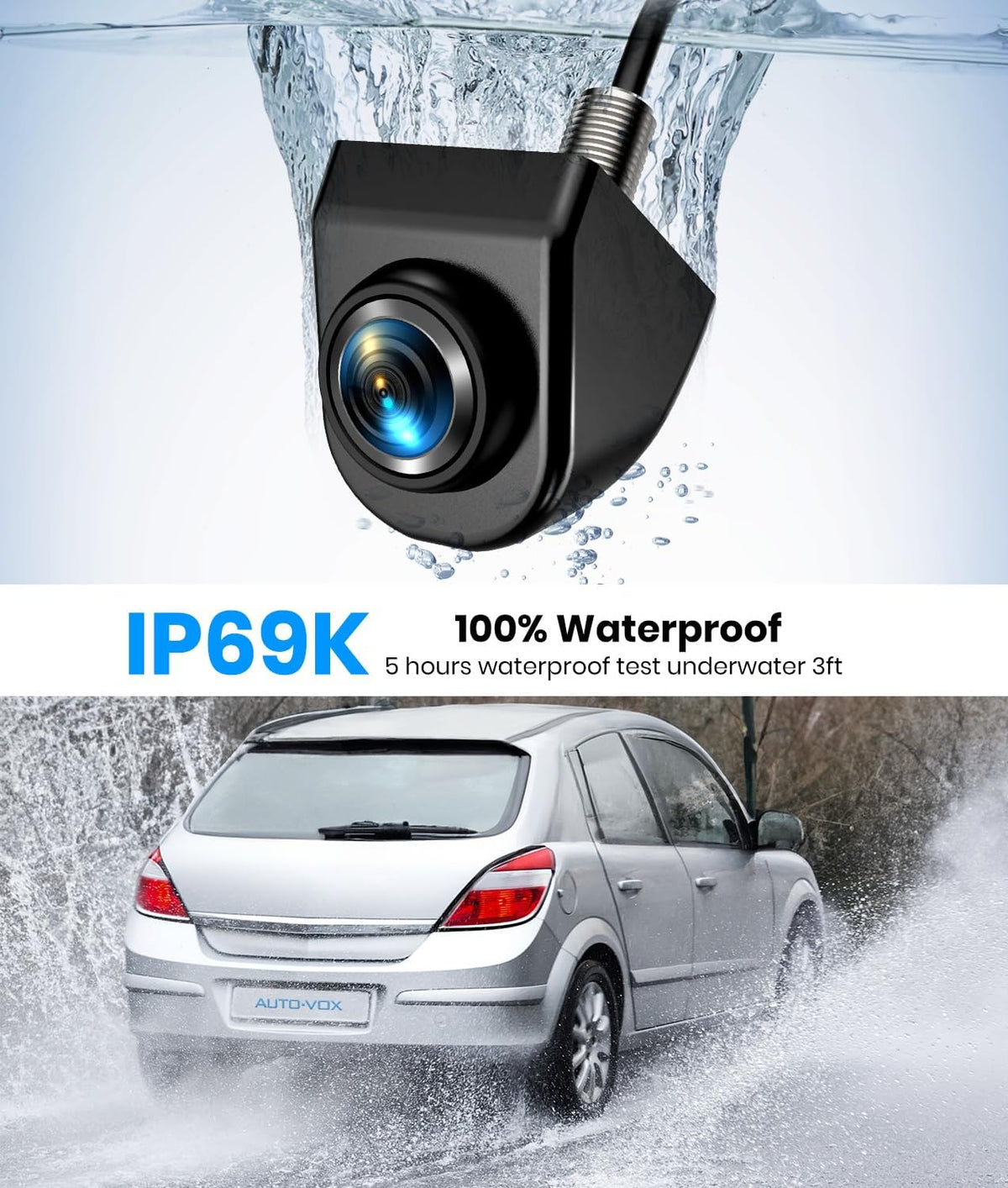 AUTO-VOX 180° Front/Backup Camera, OEM Mini Style, Screw-Free Easy Install, Side/Rear View Camera, IP69K Waterproof & 0.1Lux Low Light Back Up Camera for SUV/Pickup Truck/RV/Van/Camper/Car