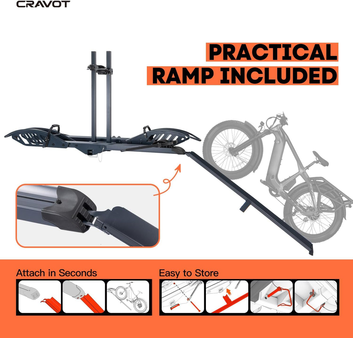CyberRack E2 Hitch 2 E-Bike Rack with Ramp,200 lbs Capacity Electric Bike Carrier Foldable Platform Mount, Up to 5-inch Fat Tire Bicycle for 2'' Receiver Cars Trucks SUVs Minivans RV, Trailer