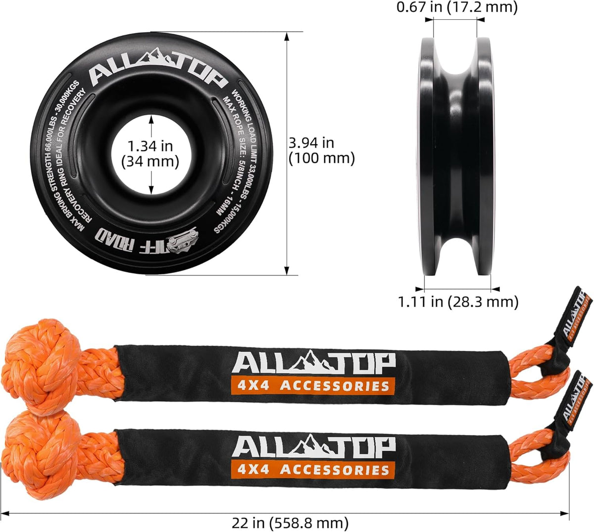 ALL-TOP Synthetic Soft Shackle & Recovery Ring Kit (2PCS 1/2in x 22in - 48300LBS Shackles + 1 Snatch Pulley Ring) for Winch Tackle Pulley System