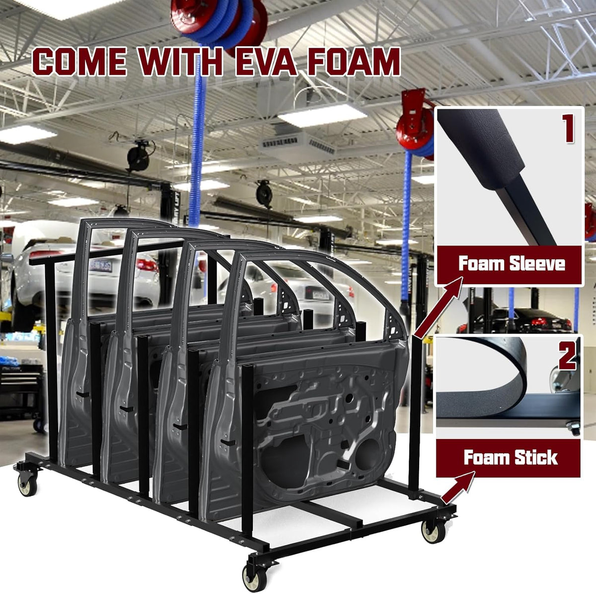 Vehicle Door Storage Cart, 4 Door Storage Rack with Dedicated Area for Each Door Maximize Space Utilization 4 Inch Swivel Caster Allow Floor Mobile Vehicle Door Storage Cart Smooth Maneuverability
