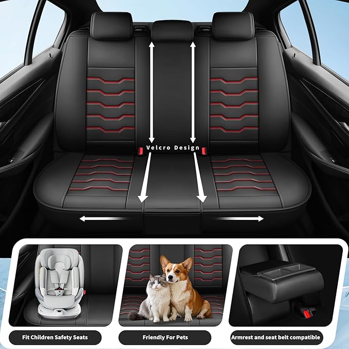 Fit Murano Car Seat Covers Compatible with Nissan Murano 2004-2025 2026 - Full Set Premium Leather， Waterproof Breathable， All-Weather Seat Cushion Protecto&Airbag Compatible（Red Line Black