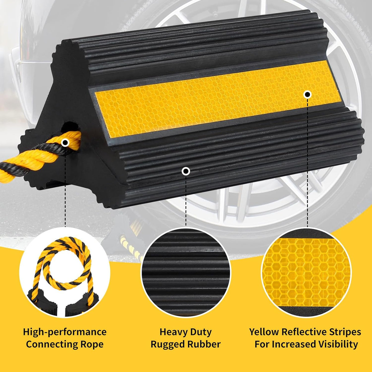 Heavy Duty Rubber Wheel Chocks, 2 Pair, Non-Slip Tire Stopper Blocks with Rope, for RV Camper Travel Trailers Motorhome Aircraft Car Truck