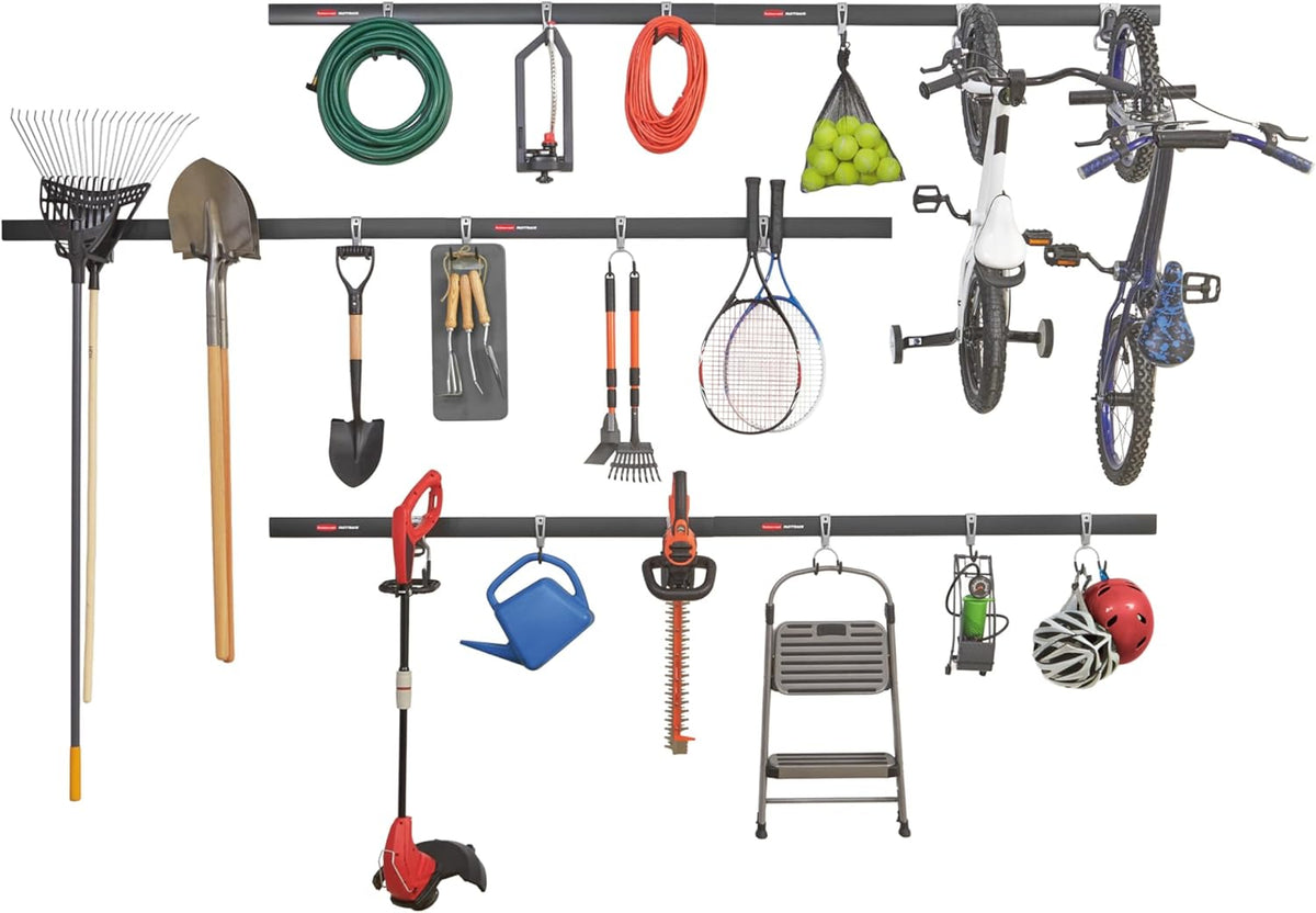 Rubbermaid 24-Piece FastTrack Garage Wall-Mounted Storage Kit, 6 Rails and 18 Hooks, Black, for Home/House/Tool/Sports/Equipment/Utility Purposes
