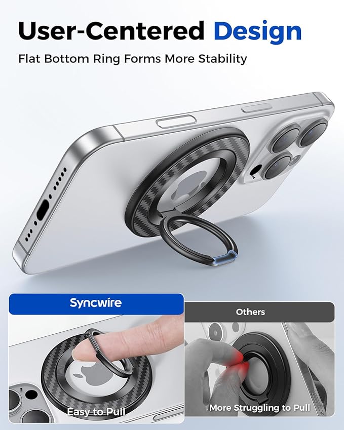 SYNCWIRE Carbon Fiber Magnetic Phone Ring Holder for MagSafe - Magnet Phone Grip Stand with 360° Rotation & Reinforced Hinge Compatible with iPhone 16 15 14 13 Pro Max Plus MagSafe Accessories