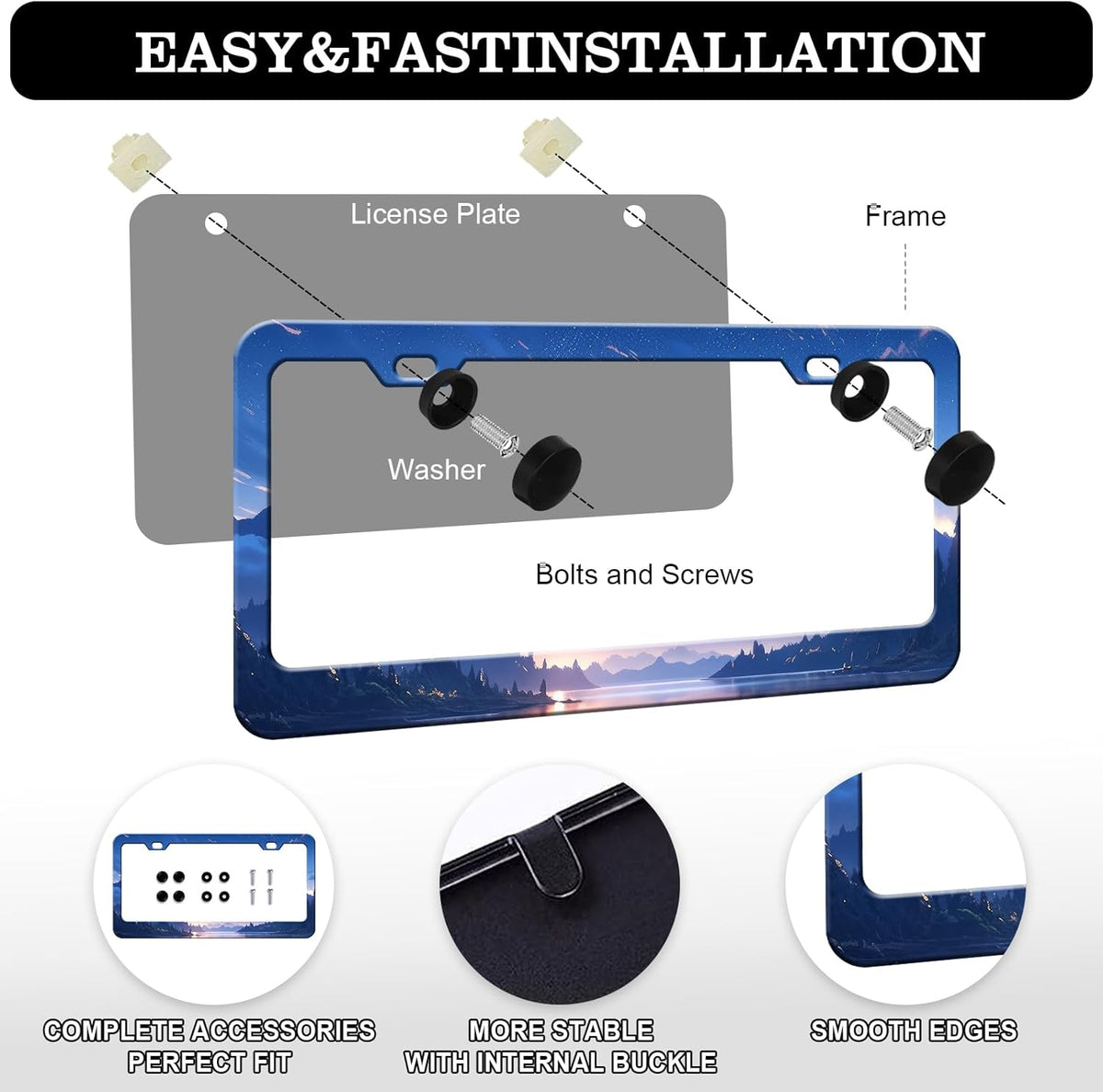 Starry Sky Mountain License Plate Frames - 2 Pack Night Sky Mountain Stainless Steel License Plate Holder,Rust-Proof Waterproof Car Decorative Tag Frame with Screws Fasteners Caps