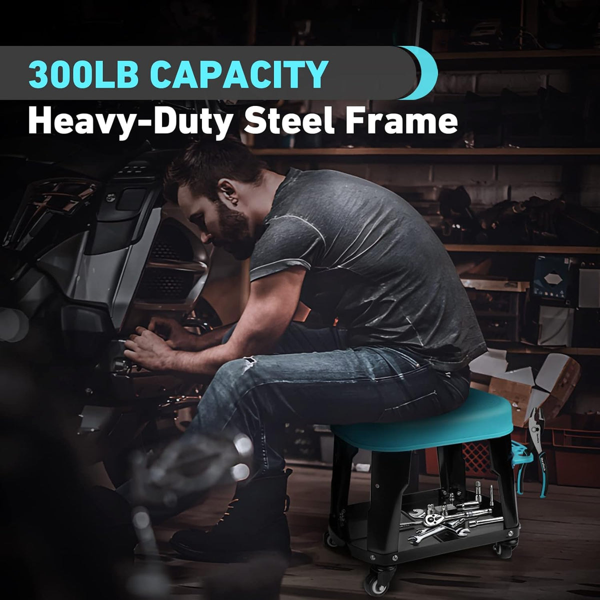 DURATECH Rolling Mechanic Stool, Shop Stools with 2 Inch Swivel Wheels, Heavy Duty Garage Creeper Seat with Tool Tray, 300 Lbs Loading Capacity(Tools Not Included)