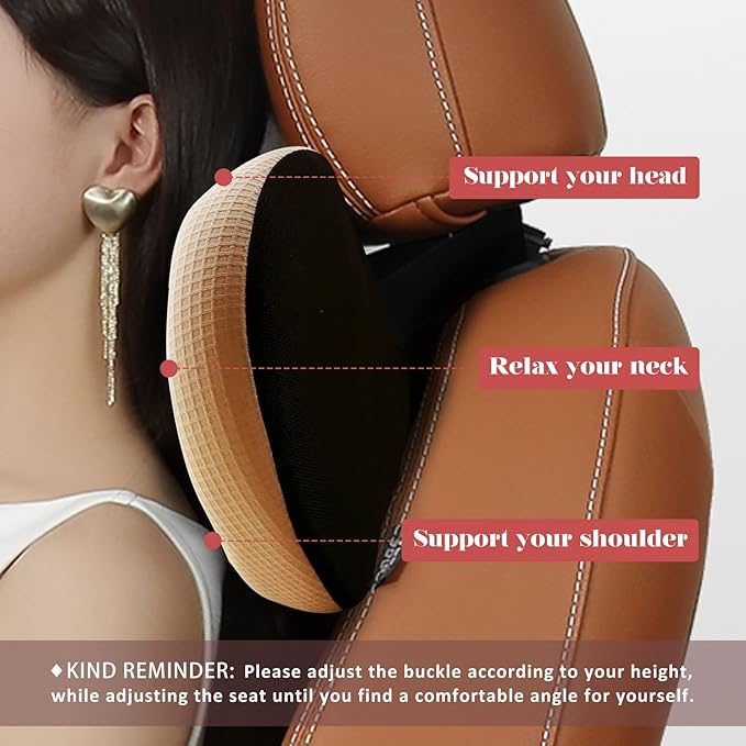 Super Comfy Car Headrest Pillow, Car Pillow for Neck Pain Relief with Adjustable Strap, 100% Memory Foam & Breathable Removable Cover, Ergonomic Design - Softness Travel Car Neck Pillow(Beige, 1PC)
