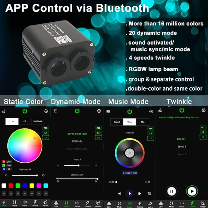 AZIMOM Dual Color 20W Fiber Optic Light Source RGBW Light Box Engine Diver Bluetooth/RF Remote Control Music Sensor Mode for Car/Home Star Ceiling Effect Decoration