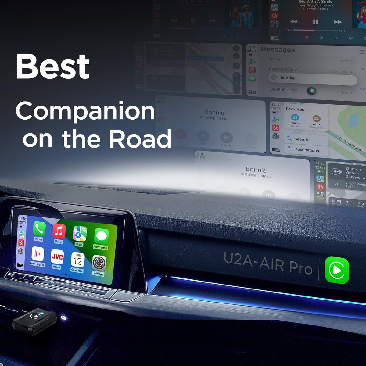 Wireless Carplay Adapter Small Car Play Dongle Mini CarPlay Wireless Adapter for Apple for iPhone iOS 11+ for OEM Wired Car Model 2017+, Black, U2C-AIR Pro