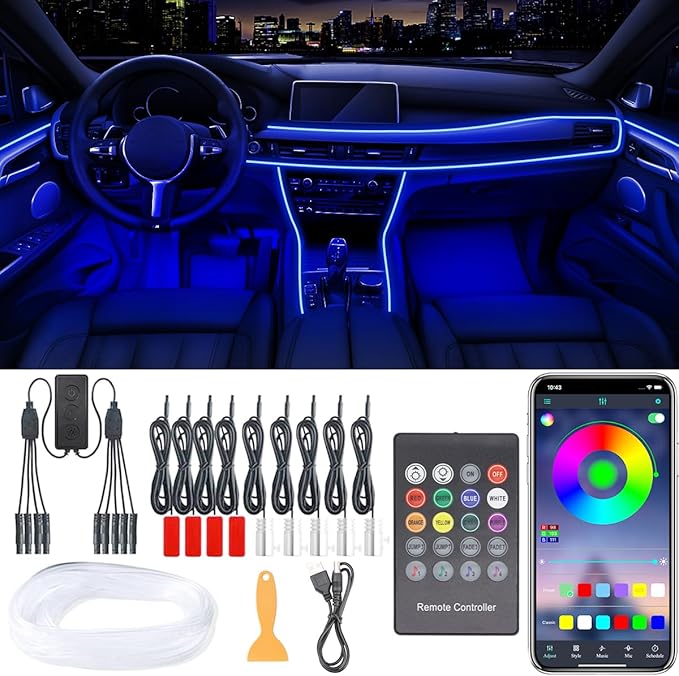 Interior Car Lights, 9 in 1 Car LED Strip with Wireless APP/RF Remote/Button Control, 16 Million Colors Ambient Lighting Kit with 5 Fiber Optic LED Strips & 4 Under Dash Lights