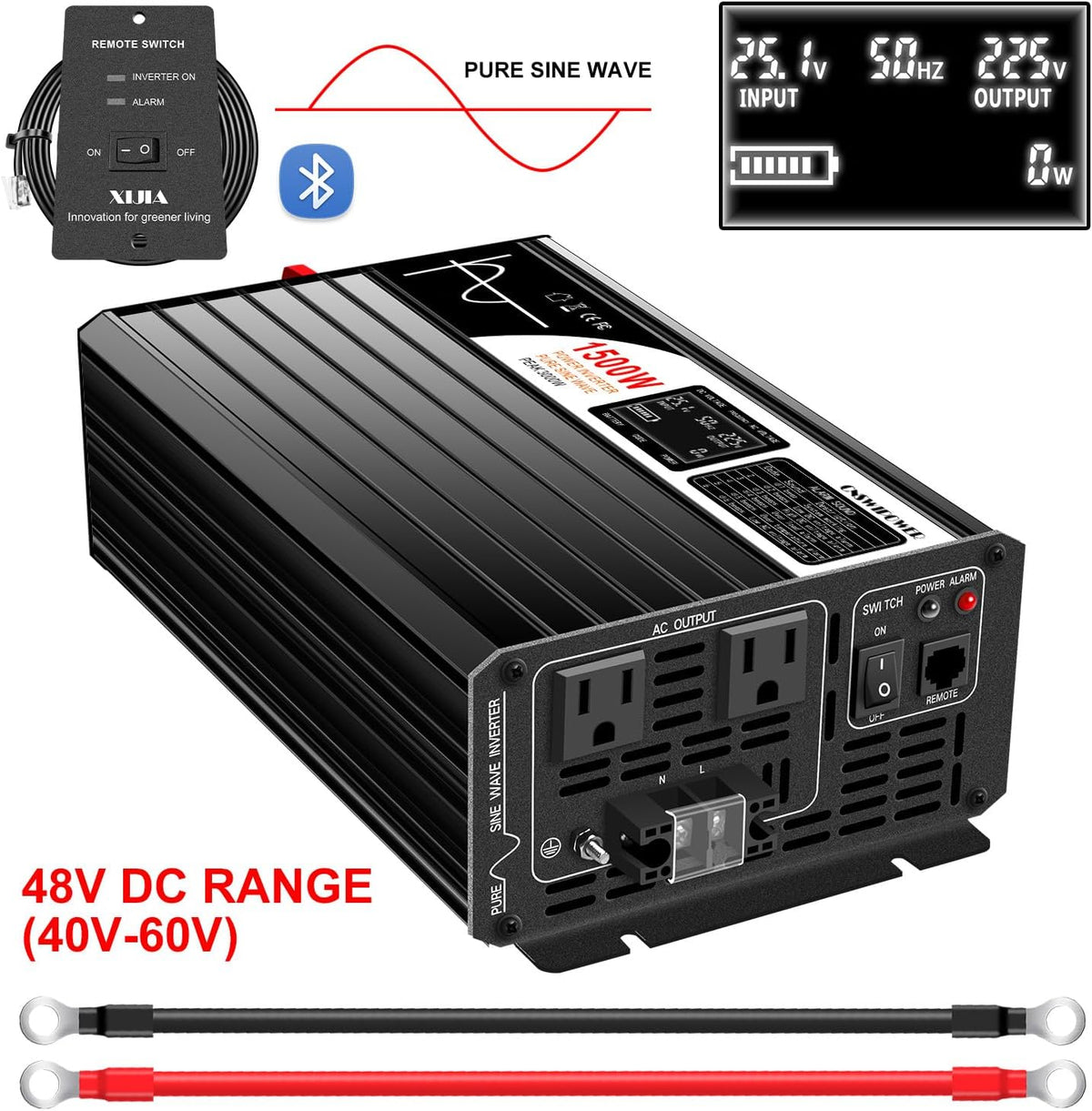 Xijia 1500W(Peak Power 3000W) LCD-Dispaly 48v to 120v Pure sine Wave 60HZ Solar Inverter for Home Use car (DC48V (Range 40V-60V) 1500W)…