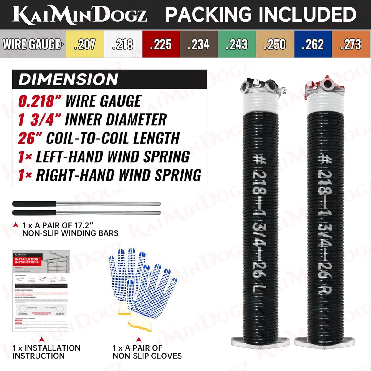 Pair of 1.75" Garage Door Torsion Springs Set with Non-Slip Winding Bars&Gloves, High Precision Electrophoresis Oil-Free Black Coated for Replacement, MIN 16,000 Cycles (0.218 x 1.75"x 26")