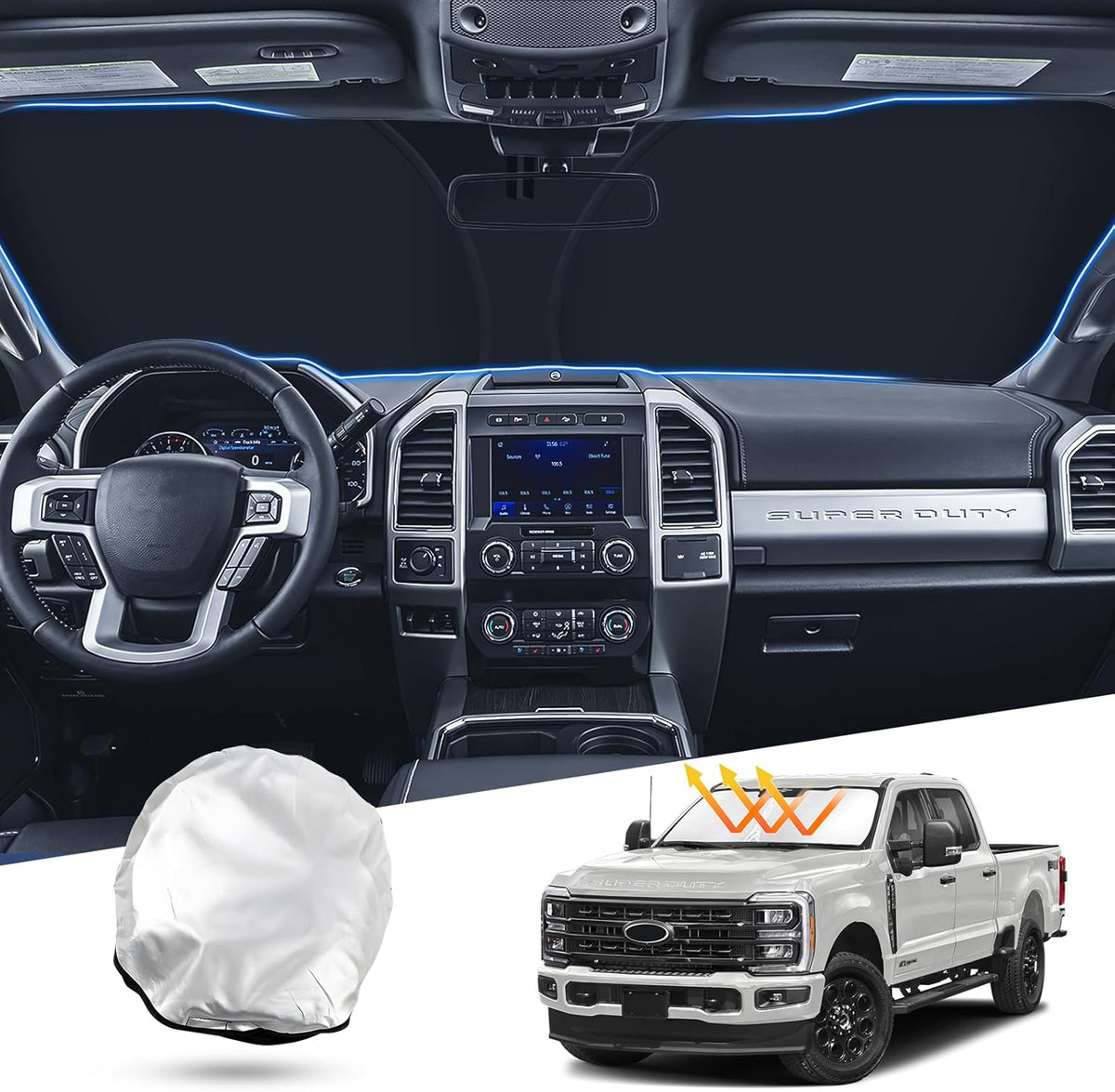 T TGBROS Windshield Sun Shade for Ford Super Duty 2017-2022 F-250 F-350 F-450 Pickup Accessories Foldable Sun Shield Front Window Sunshade Cover Sun Visor Cover Block Heat and Sun Protection