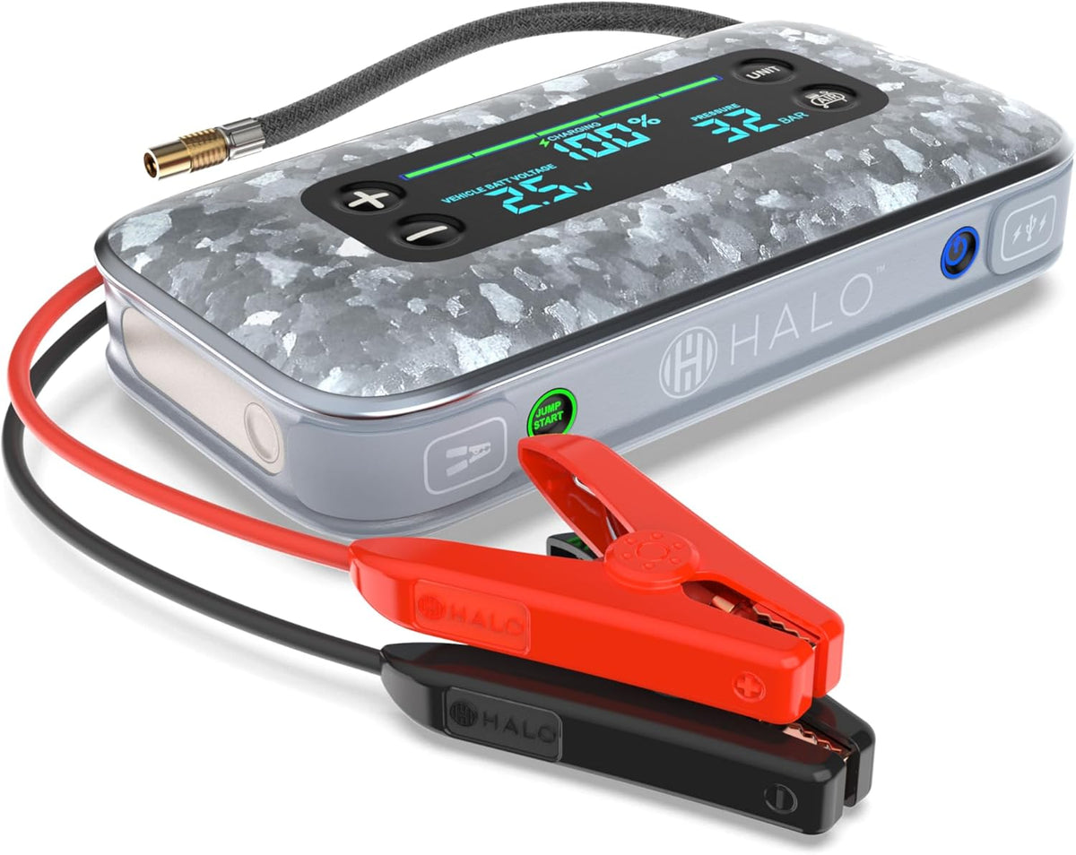 HALO Bolt Air+ 1750 Portable Car Battery Jump Starter | 130 PSI Air Compressor, 59.9Wh USB Power Bank, Large Display, Emergency Floodlight & Charger, Jumps Cars SUVs & Trucks, Inflates Tires — Silver