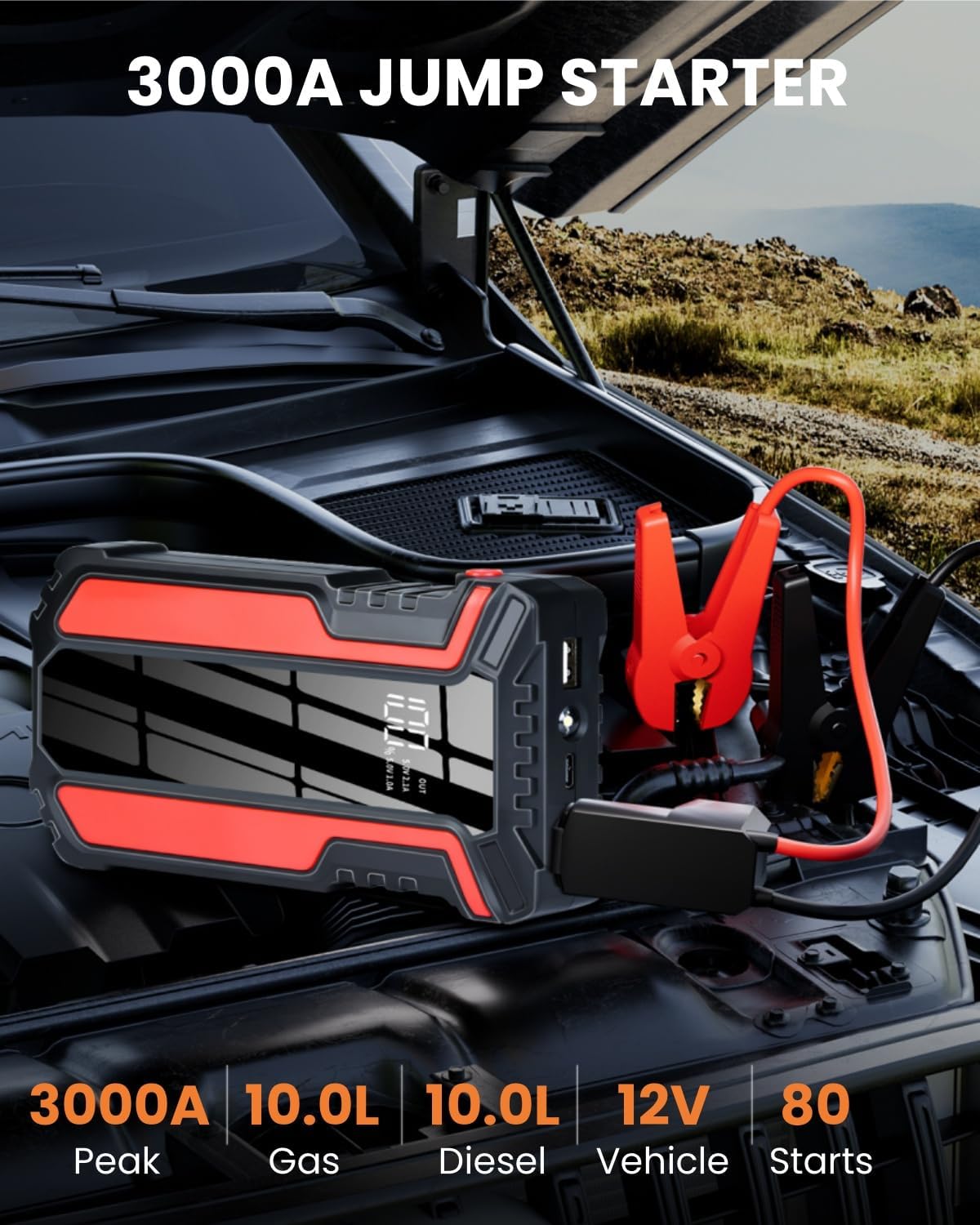 Car Jump Starter 3000A, Car Battery Jump Starter for Up to 10.0L Gas & 10.0L Diesel Engine, 12V Jump Box Portable Jump Starter Battery Pack with LED Light, Jumper Cables