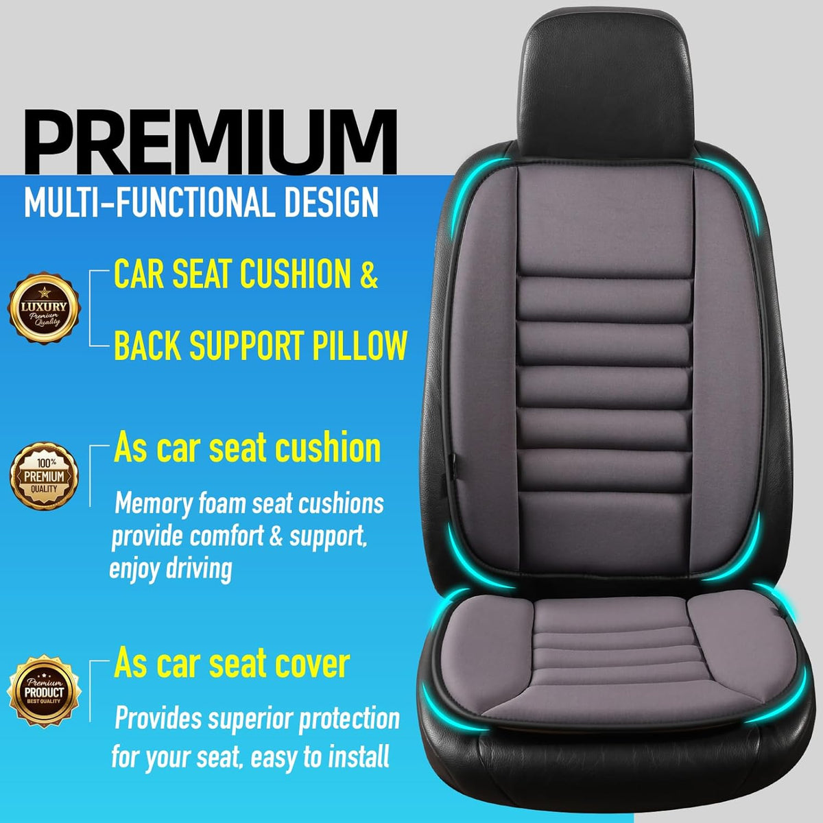 Car Seat Cushion with Back Support Pillow, Comfy Lumbar Support & Seat Cushion, Memory Foam Driving Pillow for Back-Sciatica Pain Relief, Auto Pad Suitable for Car, Truck, SUV - Dark Grey