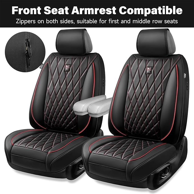 CAR PASS Luxury PU Leather Two Front Car Seat Covers, Waterproof Seat Covers Compatible with Front Seat Armrests, Airbag Compatible Anti- Slip Universal Fit for Cars Suvs Vans Trucks Black Red