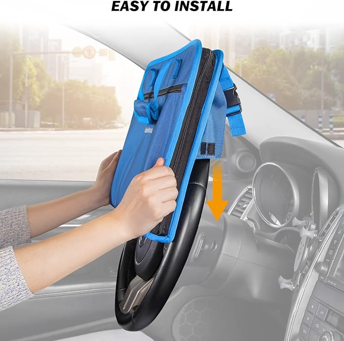 JOYTUTUS 3 in 1 Steering Wheel Eating Tray (Blue), Car Back Seat Laptop Desk, Multifunctional Office Bag Car Work Table for Writing, Car Organizer for Kids, Commuters, Family