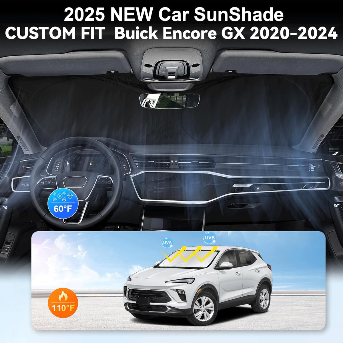 Custom fit Encore GX Windshield Sunshade for Buick Encore 2020 2021 2022 2023 2024 2025 Accessories Front Window Car Shade Cover for Windshield Sun Visor Screen Protector 210T Reflective Block UV Ray