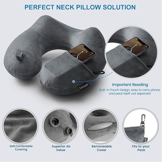 Inflatable Travel Pillows for Airplanes, Easy Blow Up Inflatable Travel Neck Pillows for Air Travel Sleeping Long Flight, Comfort Travel Air Pillows for Car Train Office Nap Camping