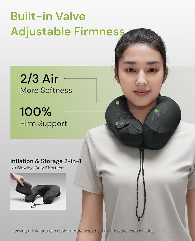 BENEUNDER Travel Neck Pillow for Airplane, Inflatable Compact 360°Head Support Pillow, Comfortable Breathable Cover for Travel, Train,Car with Storage Bag, Black
