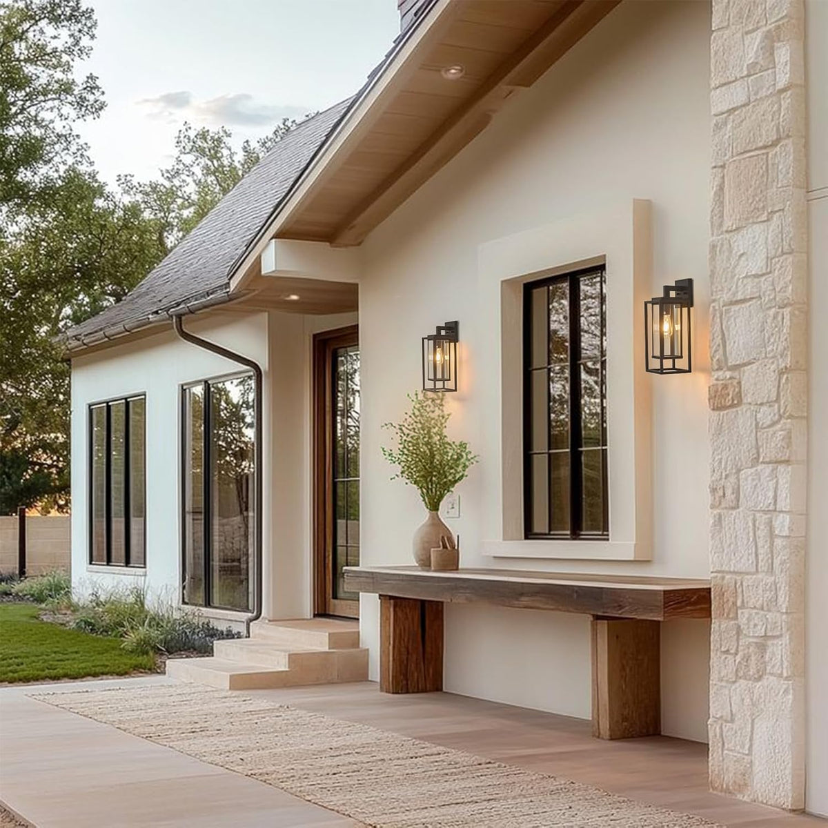 18" Outdoor Wall Light Fixtures Waterproofed Exterior Lantern W/Sturdy Rectangular Double Cage In Satin Black&Clear Tempered Glass,Sconce Mounted For House Patio,Front door,Porch,Garage Lighting 2Pack