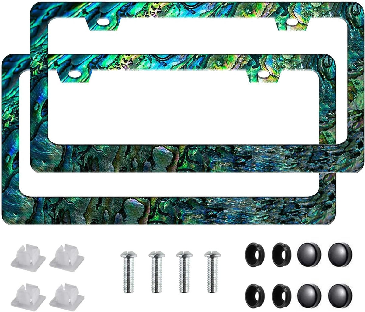 Universal License Plate Frame - Heavy Duty Rustproof Aluminum Matte Black Car Tag Holder Bracket Fits All US States, Easy Install with Screws Included (Faux Abalone-2pc)