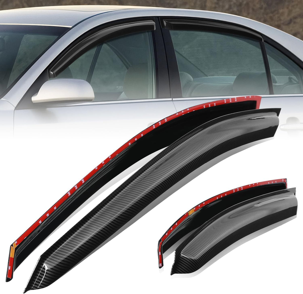 Auto Dynasty Set of 4 Carbon Fiber Pattern Window Visors Compatible with Sonata 2006 2007 2008 2009 2010, Tape-On Rain Guards Shield Vent Shade Deflector Glossy Black