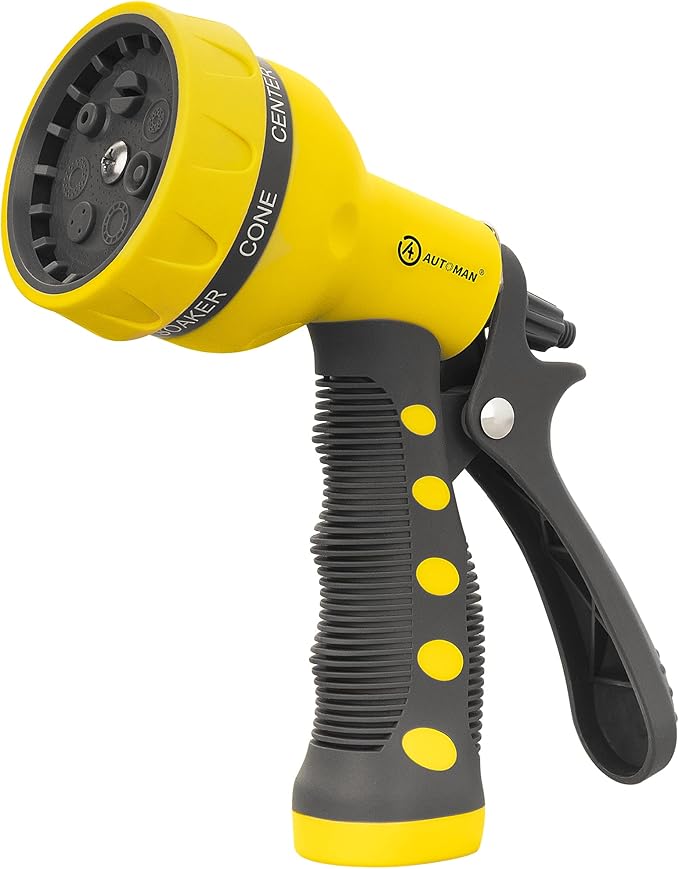 AUTOMAN-Garden-Hose-Nozzle,ABS Water Spray Nozzle with Heavy Duty 7 Adjustable Watering Patterns,Slip Resistant for Watering Plants,Lawn& Garden,Washing Cars,Cleaning,Showering Pets - Yellow