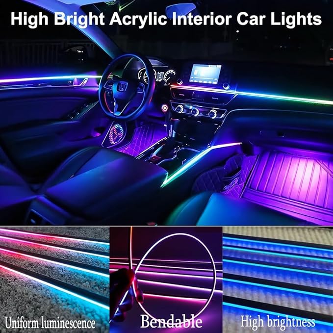 Interior Car LED Strip Lights,Acrylic LED Lights for Car with Dynamic Dreamcolor Chasing,175 inches 10 in 1 RGB Neon Strip Fiber Optic Ambient Lighting Kits with Remote APP,for Inside car Decorations