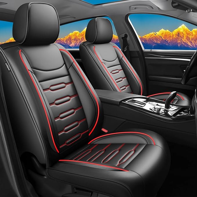 Fit Forester Car Seat Covers for Subaru Forester 2007-2025 2026 - Upgraded Premium Waterproof & Breathable Leather, Airbag Compatible, All-Weather Seat Cushion Protector (Full Set, Black+Red)