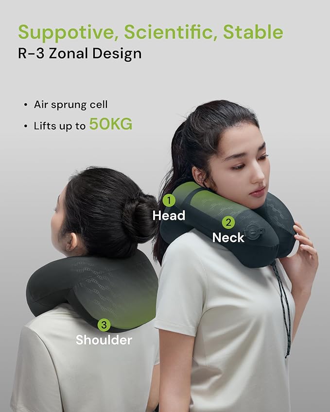 BENEUNDER Travel Neck Pillow for Airplane, Inflatable Compact 360°Head Support Pillow, Comfortable Breathable Cover for Travel, Train,Car with Storage Bag, Black