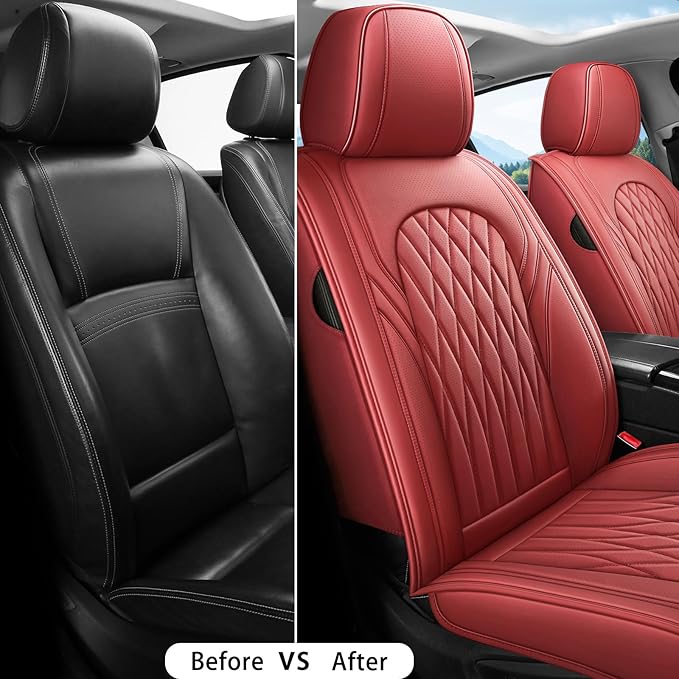 WELLDO Car Seat Covers Front Seats, Leather Seat Covers for Cars, Front Car Seat Protector Waterproof, Non-Slip Car Interior Covers Universal Automotive Seat Covers for Most Vehicle, Burgundy