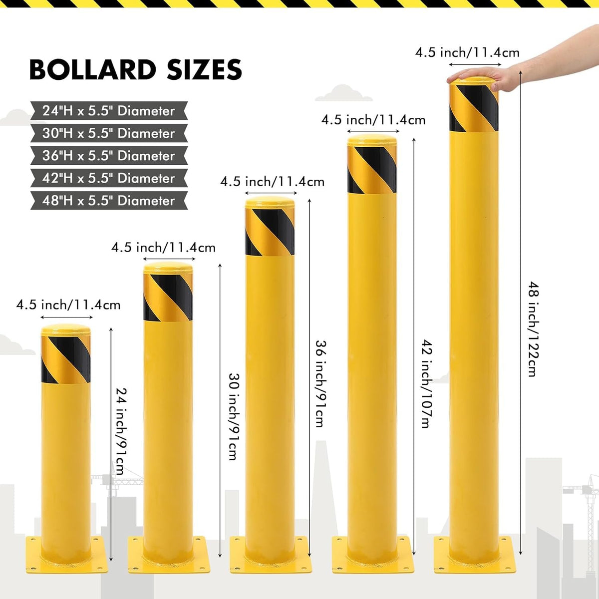 4 Pack Safety Bollard Post, 30 Inch Height 4.5 Inch Diameter Yellow Pipe Safety Steel Bollards with Anchor Bolts and Wrench, Steel Bollards for Road Warning Construction Public Place Traffic Control