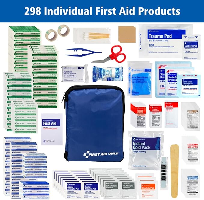 First Aid Only 298 Piece All-Purpose Emergency First Aid Kit for Home, Office, Car, Apartment, Dorm, and Camping, Travel-Friendly Compact Pouch Fits in Backpacks, Suitcases, Cabinets, and Drawers