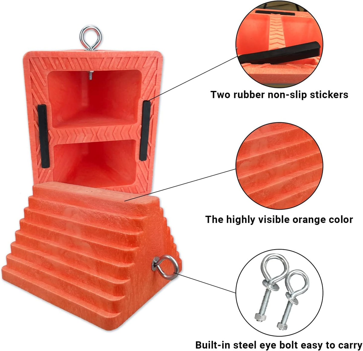 2 Packs Wheel Chocks Heavy Duty Orange with Eyebolt, Vehicle Chock for Travel Trailers, Camper, Truck, Car and ATV, 9.1" Length x 7.1" Width x 5.5" Height
