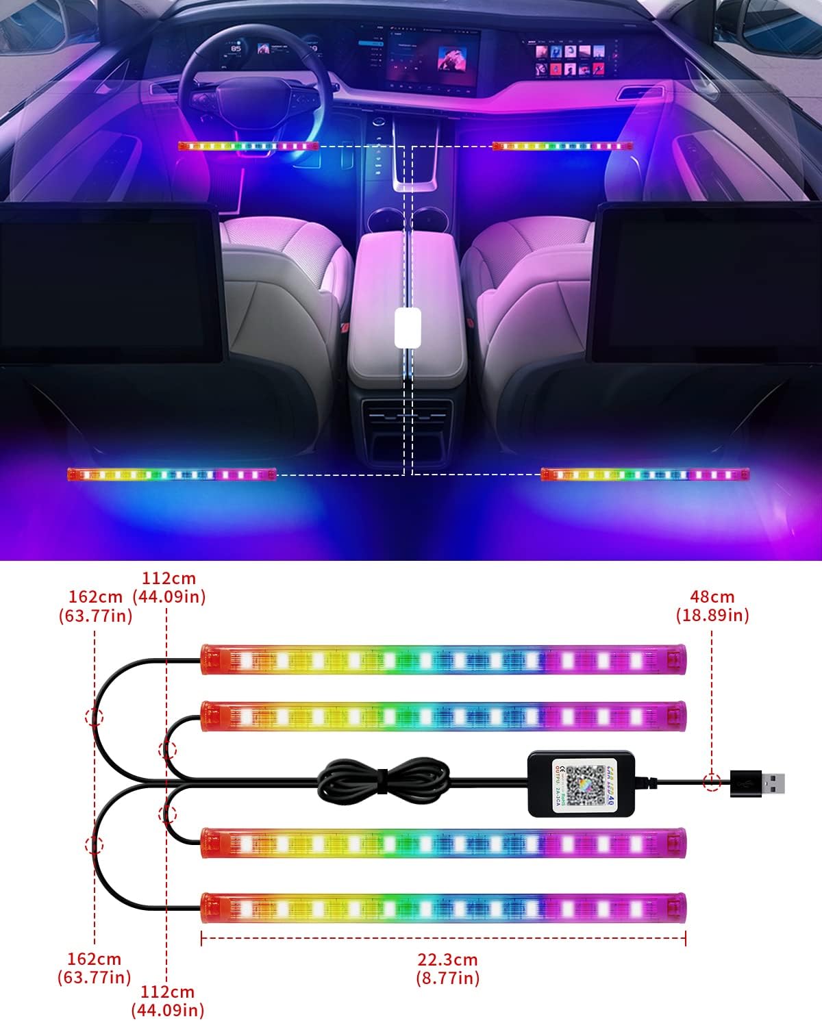 YM E-Bright RGB LED Strip Lights for Car App Control with Remote Led Lights car Interior with Charger Music Sync Under Dash Footwell Neon Lighting Kit w/USB Cable DC 12V