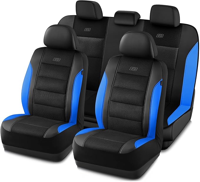 Skechers Aircooled & Memory Foam Seat Covers,Premium Leather with EVA Mesh Car Seat Covers,Seat Cover Full Sets,Airbag Compatible Automotive Comfort for Most Cars, Vans, Trucks, SUV,Blue