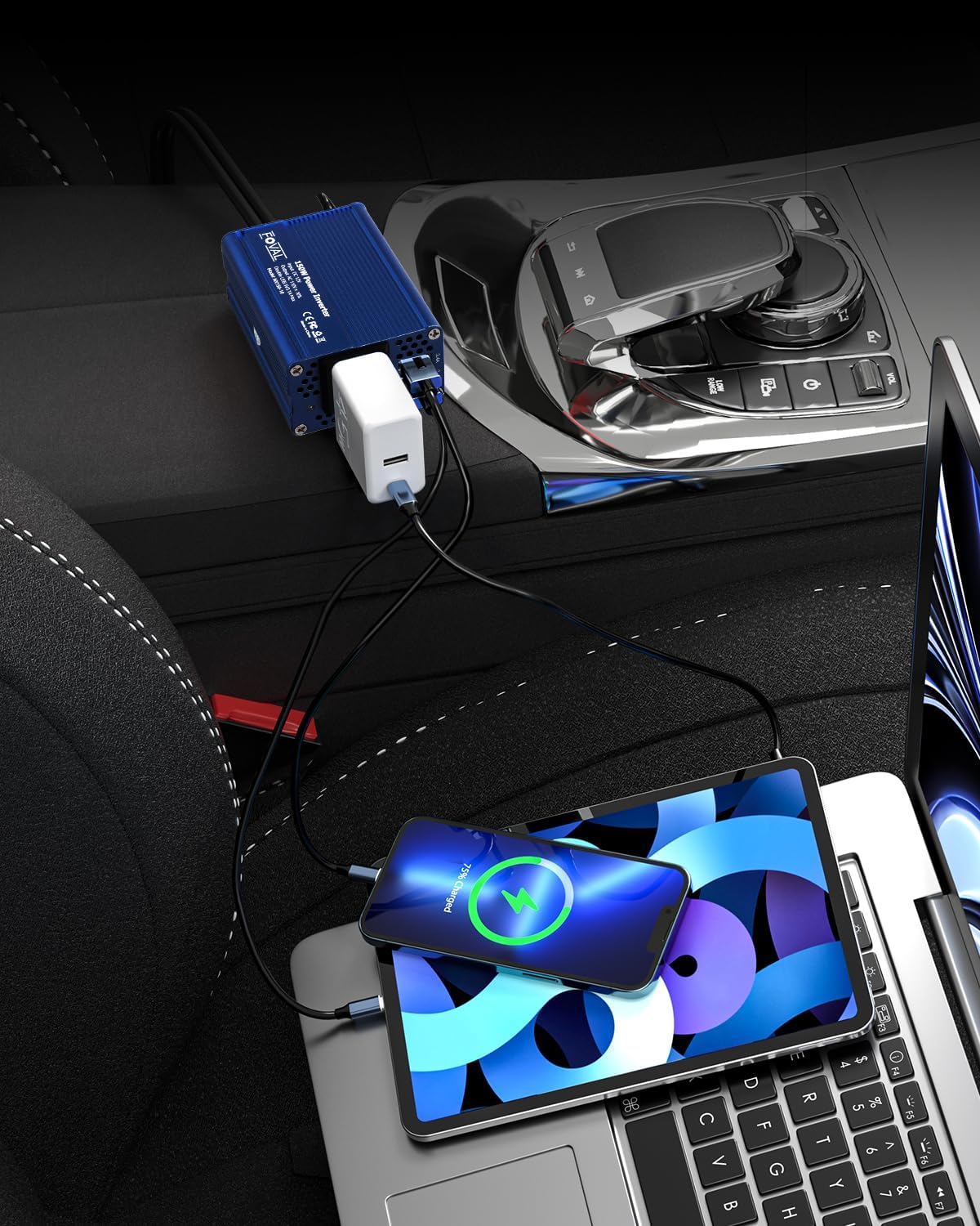 FOVAL 150W Car Power Inverter 12V DC to 110V AC Converter Vehicle Adapter Plug Outlet with 3.1A Dual USB Car Charger for Laptop Computer (Classic Blue)