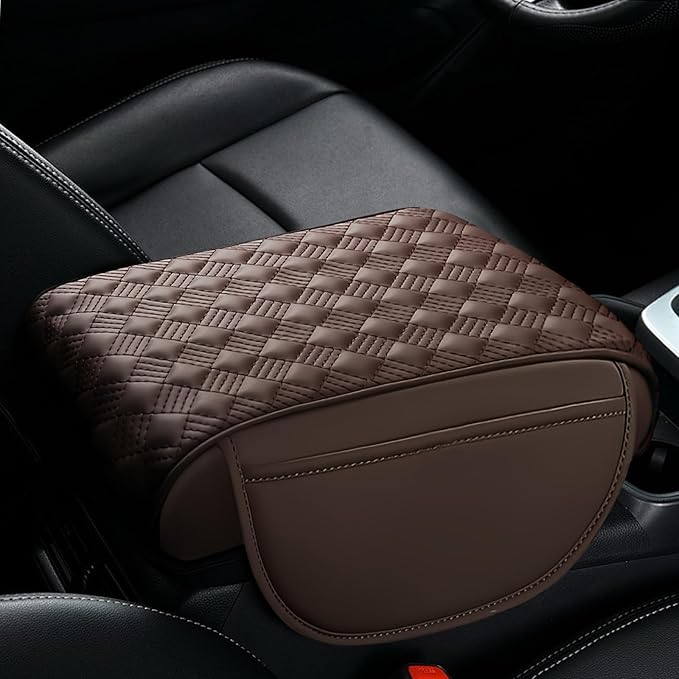 wuyaoyao Car Center Console Cover, 12.2"×8.27"×1.97" Leather Center Console Protector, Auto Armrest Pad with 2 Storage Pocket, Universal Armrest Cover Cushion for Most Cars, Trucks, SUVs (Coffee)