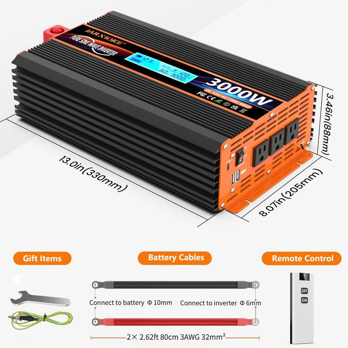 3000 Watt Pure Sine Wave Power Inverter 12V DC to 110V 120V Converter for Family RV Off Grid Solar System Car with Type-C Ports 4 AC Power Outlets Dual USB Ports LCD Display Wireless Remote Control