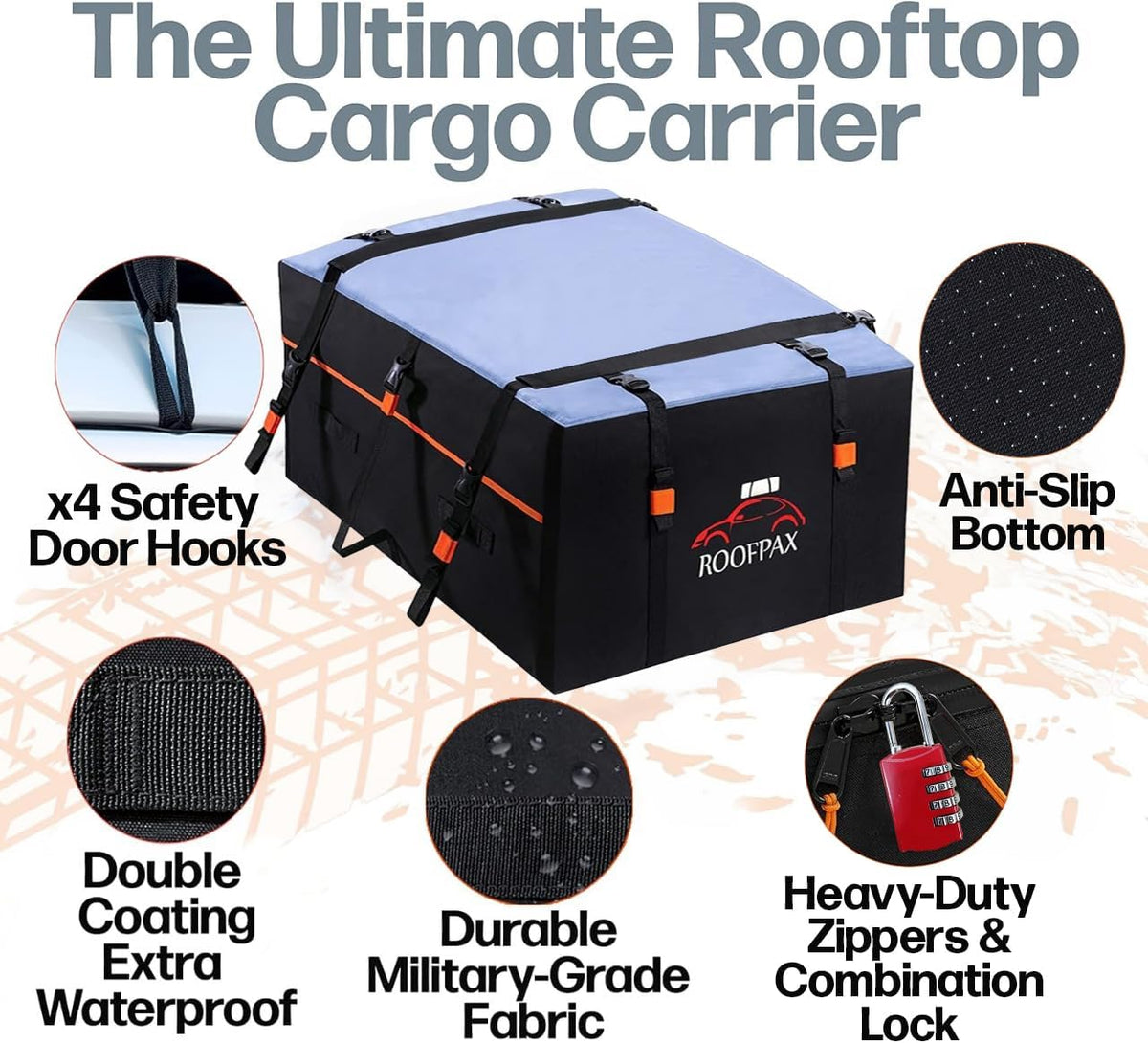 RoofPax 23 cft. Extra Waterproof Rooftop Cargo Carrier Bag, Double Weatherproof Zippers,10 Heavy-Duty Tie-Down Straps fit Cars with/Without a Rack or Side Rails, Safety Hooks Included