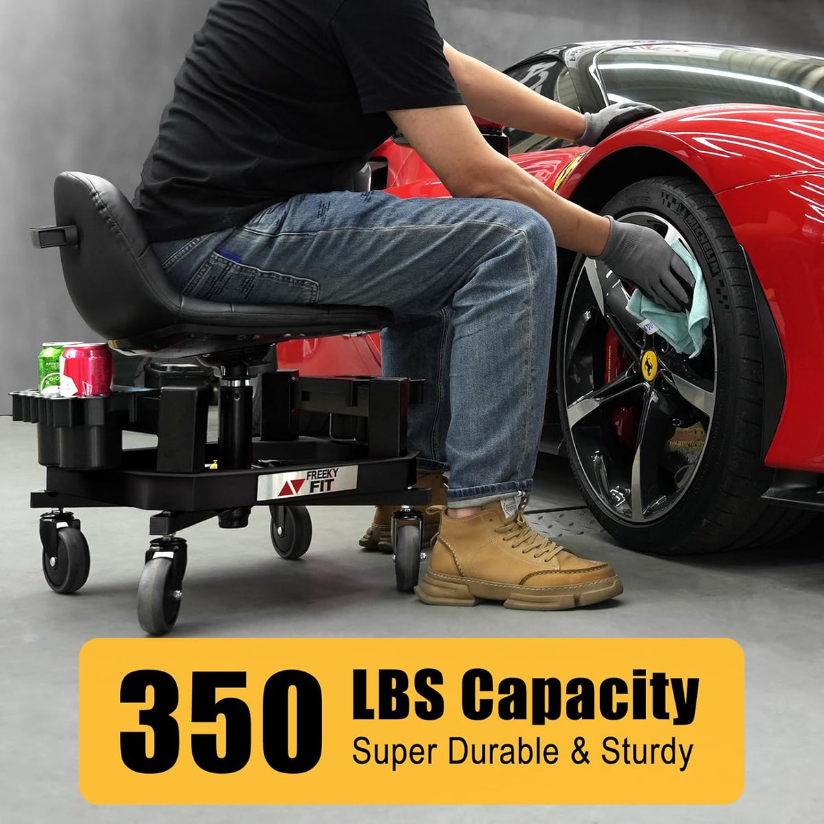Rolling Shop Stool with Wheels, Adjustable Garage Mechanic Stool Seat Shop Roller Work Chair Mobile Rolling Seat with Tool Tray, 2 Cup Holders, 4" Casters, 350 LBS, Heavy-Duty,Yellow