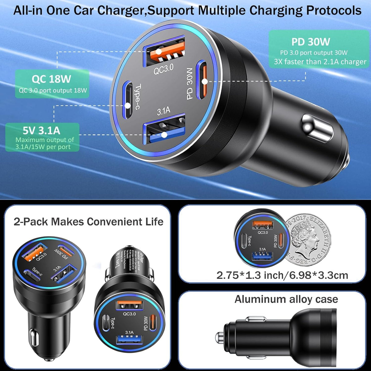 Car Charger USB C, 2Pack 4-Port 65W Cigarette Lighter USB Charger Fast Charging,Dual USB-C & USB-A Car Phone Charger Adapter Accessories for iPhone 16e 16 15 14 13 Pro Max,iPad,Samsung,Tablet,Android
